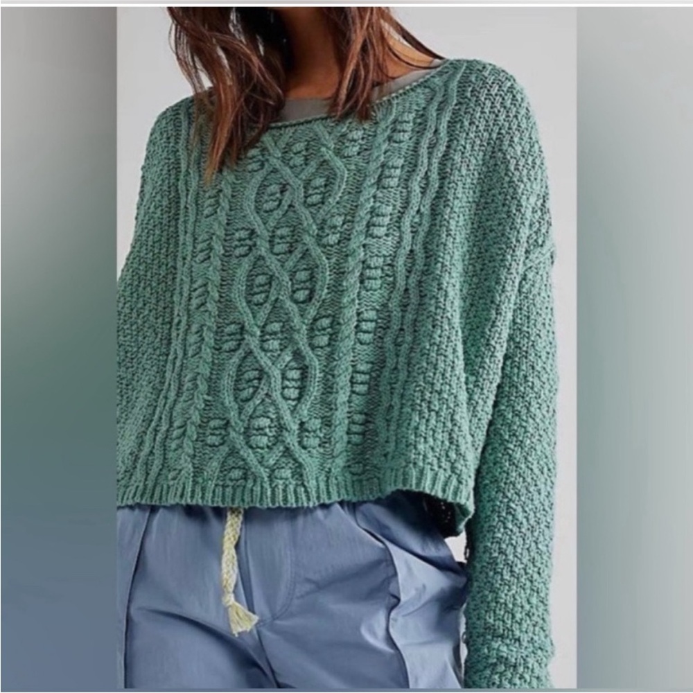 Free People NWT Changing Tides Pullover Cable Sweater Spruce Small